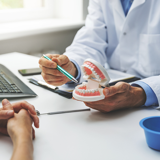 Dentist showing a patient a denture model