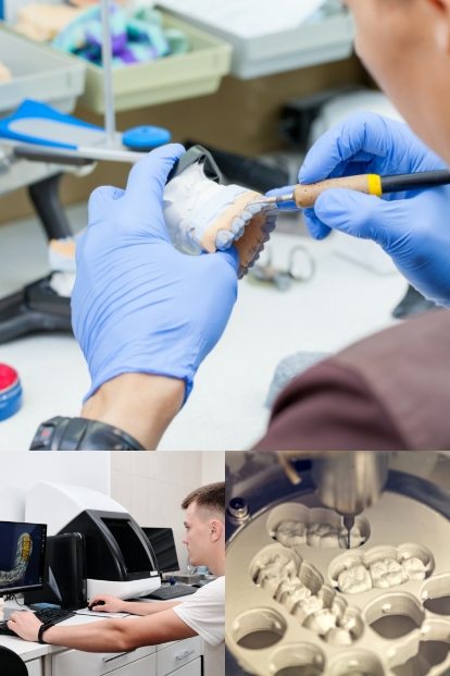 Collage of prosthodontist creating dental restorations