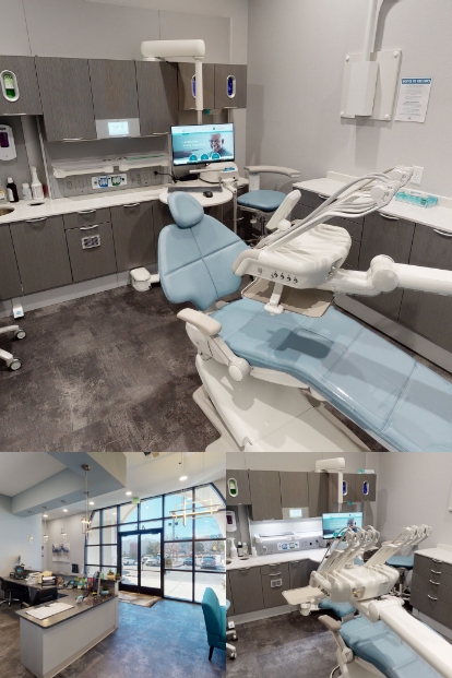 Collage of dental treatment chairs and front desk at Smile Design Implant Centers